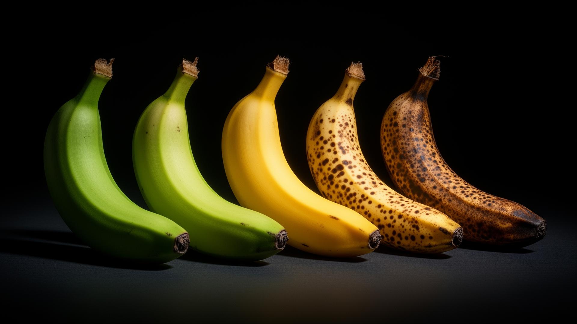 Five bananas showing ripeness stages from green to overripe